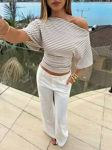 Aloruh 女士条纹不对称肩部休闲百搭日常穿着T恤 - 彩色 - 查看 6