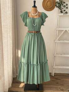 Rusticease Plus Size Women's Summer Sage Green Curve Long Dress,Casual Holiday Boho Flowy Ruffle Sleeve Solid Party Vacation Outfits,Country Concert Beach Wear - Green - View 6