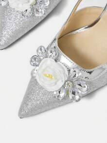 CUCCOO HITCHD Women's Spring/Summer New Arrival 3D White Rose Flower Rhinestone Pointed Toe Electroplated Silver Metal Stiletto High Heel Shoes, Elegant Luxurious Palace Style, Sexy Glitter Metallic Leather Formal Dress Bridal Wedding Party Sandals - Silver - View 4