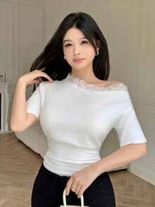 Modelyn White Asymmetrical Shoulder Lace Trim Waist Fitted Short Sleeve T-Shirt - White - View 4