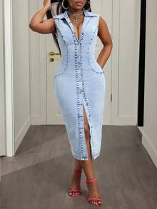 BamGleam 女士休闲时尚前扣修身牛仔连衣裙 - 藍色 - 查看 4