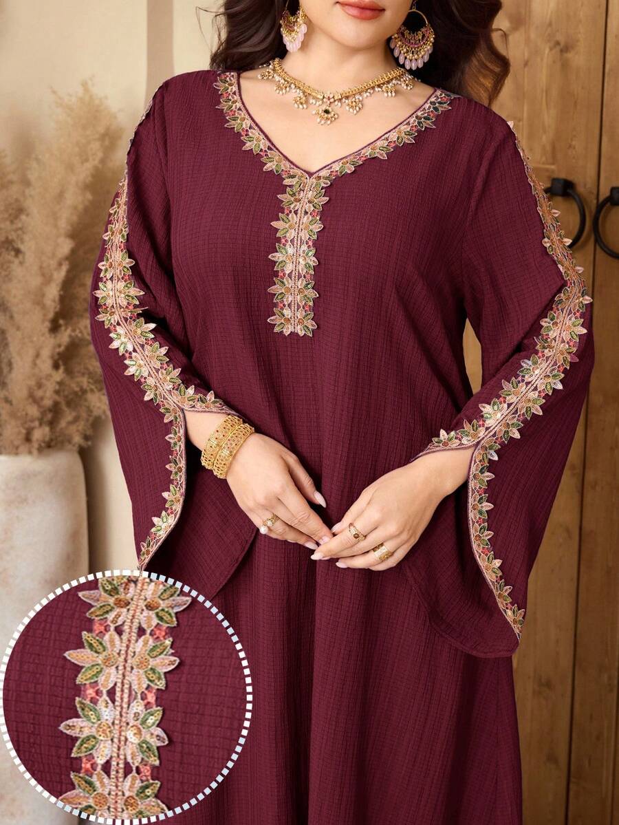 Al Najma Plus Size Women's Textured 3D Floral Embroidery Elegant Arabic Traditional Long Dress, Suitable For Evening Gala - Burgundy - View 1