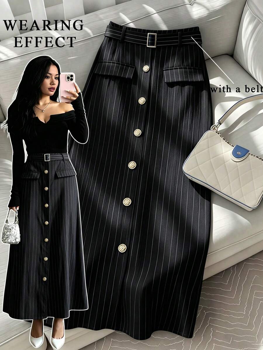 GlowEve CURVE Chân váy chữ A kẻ sọc tối giản, thanh lịch, đa năng, phù hợp cho nữ cỡ lớn, thích hợp cho đi làm, mùa xuân/hè. - màu đen - Xem 1