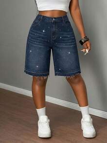 Slaydiva Plus Size Women's Fashion Rhinestone Frayed Hem Denim Shorts Jorts - Dark Wash - View 4