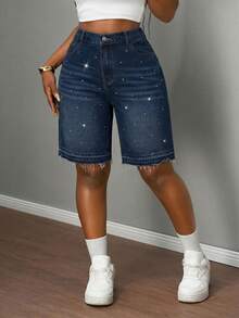 Slaydiva Plus Size Women's Fashion Rhinestone Frayed Hem Denim Shorts Jorts - Dark Wash - View 7