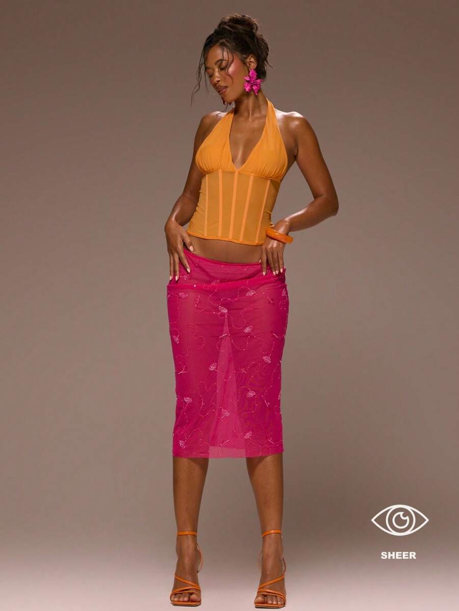 MUSERA Chân váy midi dáng rộng đính sequin, nữ tính, thích hợp cho mùa xuân hè, kỳ nghỉ, buổi tối đi chơi, dịp đặc biệt, bãi biển vàng. - Màu Hồng Tươi - Xem 1