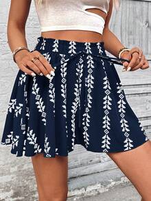 Wandoria Women's Fashion Personalized Random Print Tie-Up Versatile Mini Skirt Shorts - Navy Blue - View 4