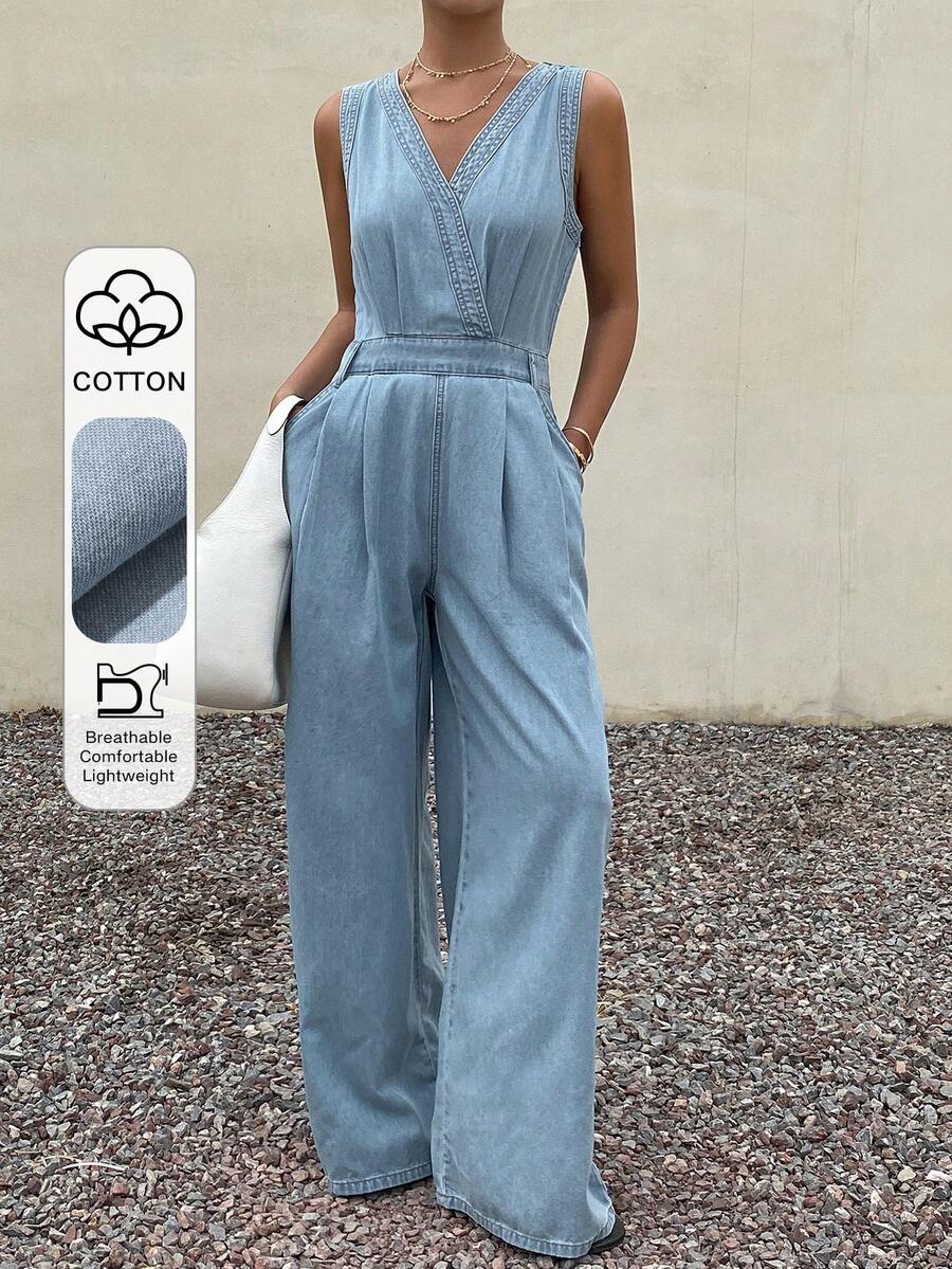 Livesso Cotton Sleeveless V-Neck Casual Jumpsuit For Women, Suitable For Spring And Summer - Light Wash - View 1