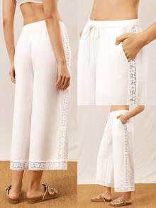 Summer Soft White Linen Wide-Leg Pants Lace Trim & Elastic Waist Gentle Comfy Summer Lounge Wear - Beige - View 2
