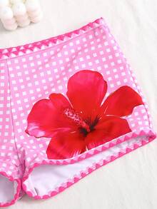 SHEIN Teenager Mädchen Bikini-Set mit Blume Muster und Kontrastbesatz am Neckholder, modisch, lässig, süß für den Urlaub - Pink - Übersicht 2