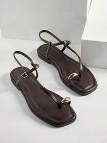 SHUZIA Women's Comfortable Gold Metal Toe Ring Ankle Strap Flat Sandals - Chocolate Brown - View 7