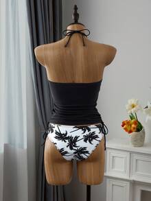 Swim Lushoire Women Tankinis Kolor Ruched Tropis Boho - Hitam dan Putih - View 4