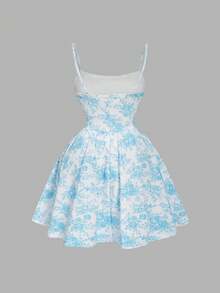 SHEIN MOD Plus Size Women's Fashion Print Waist Strap Dress - Blue - View 2