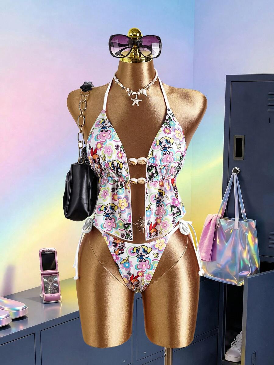 THE POWERPUFF GIRLS X SHEIN 女士夏季沙滩卡通印花露背系带性感吊带泳衣套装 - 白色 - 查看 1