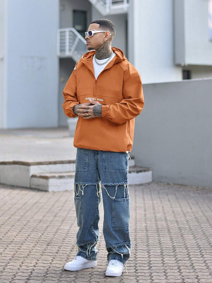 Devon Thys 男士长袖休闲拼接抽绳连帽夹克，春秋季外套 - 棕色 - 查看 1