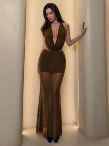 Conjunto de dos piezas en color café claro, falda maxi con escote en V sexy sin espalda y sin mangas, conjunto ideal para vacaciones de verano, fiestas, carnavales, salidas nocturna - Café integral - Ver 4