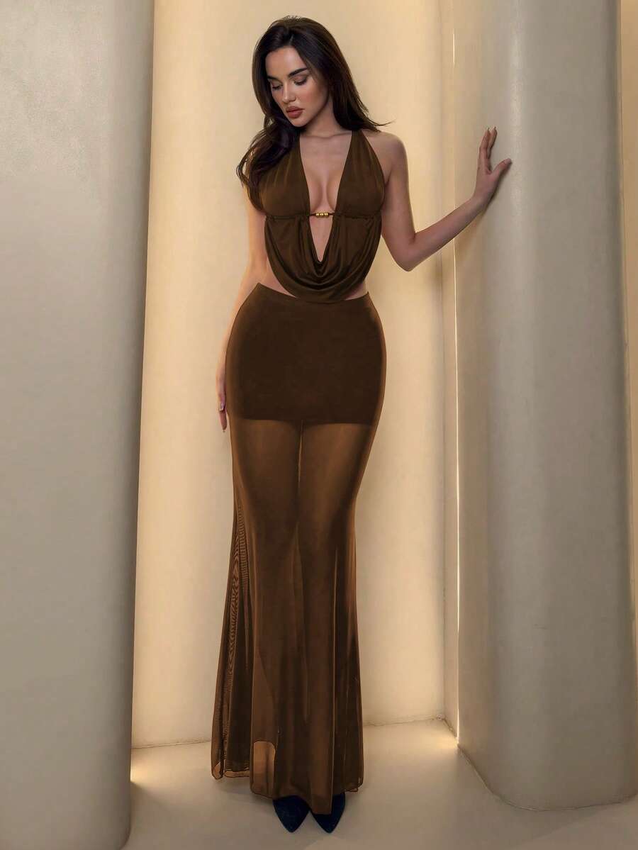 Allurite Women Two Pieces Set,Halter V-Neck Backless Sleeveless Maxi Skirt Set,Summer Brown And Gold,Seksi Chic,Club Night,Birthday Party Outfit,Elegant - Coffee Brown - View 1
