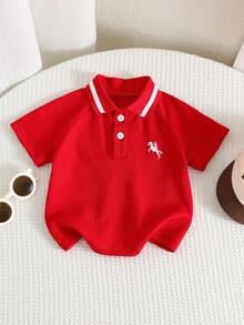 SHEIN Áo polo tay ngắn màu đỏ dệt kim kiểu dáng thường ngày đa năng cho bé trai, áo tay ngắn cho bé trai. - Đỏ - Xem 4