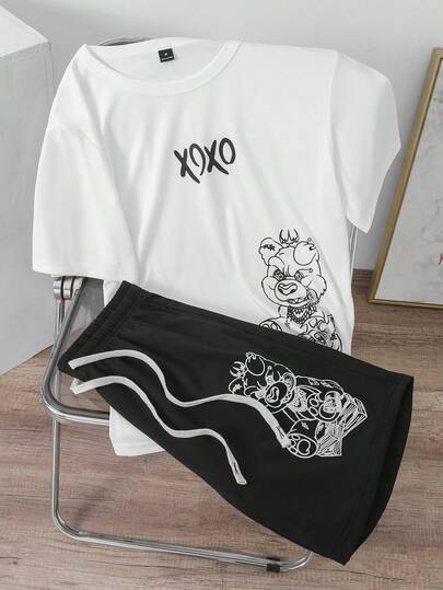 Manfinity Joysei 2 件套男士图案短袖 T 恤和短裤套装，夏季时尚街头服饰，舒适服装