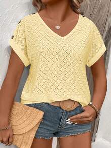 Women's Casual V-Neck Short Sleeve Contrast Color Button Shoulder Plus Size T-Shirt, Spring/Summer - Yellow - View 1