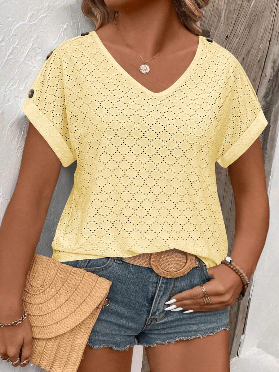 Women's Casual V-Neck Short Sleeve Contrast Color Button Shoulder Plus Size T-Shirt, Spring/Summer - Yellow - View 1