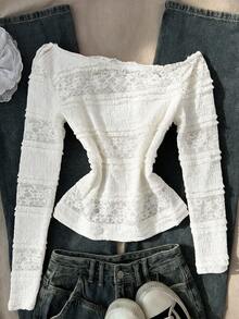 Modelyn Sexy Asymmetrical Shoulder Lace Hollow Long Sleeve Slim Fit Versatile Elegant Sheer Blouse For Women Long Sleeve Lace Top Elegant White Lace Blouse Lace Top Blouse For Women Elegant Lace Blouse For Women Clothes For Ladies Lace See Through Top Lace Long Sleeve Lace Tops For Women White Lace Tops French Style Blouse Blouses For Women New Elegant Latest - Apricot - View 4