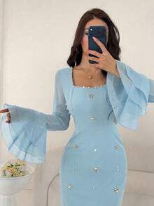 Modelyn 淺藍色與白色珍珠飾方領喇叭袖長版洋裝，夏季優雅婚禮賓客貼身晚禮服女款 - 藍色 - 查看 6
