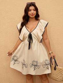 Elaquor Vestido casual de vacaciones con estampado floral de talla grande - Albaricoque - Ver 5