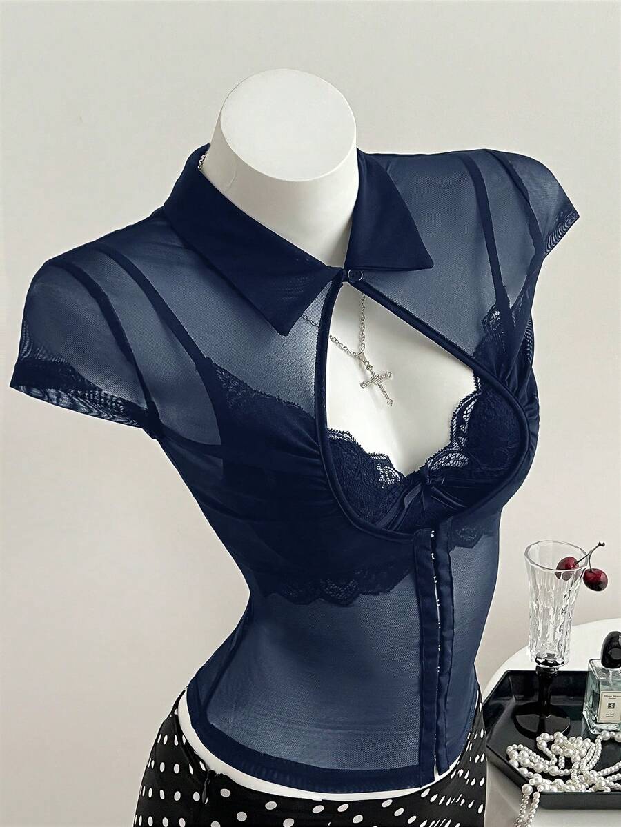 Elamini Áo khoác cardigan nữ mùa hè thường ngày, màu đen, khoét lỗ, cổ tàu, chất liệu lưới xuyên thấu, ôm sát, co giãn, gợi cảm, kiểu áo thun tay ngắn phiên bản cải tiến dành cho nữ giới châu Á, phù hợp cho thời trang đường phố, các bữa tiệc gợi cảm, lễ hội âm nhạc và các buổi khiêu vũ. - Màu xanh hải quân - Xem 1