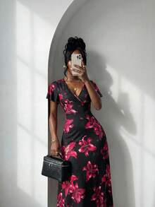 Slaydiva Black Elegant Sexy Women's Floral Dress Summer Beach Night Out Party Vacation Outfits Deep V-Neck Ruffled Short Sleeve Belt Tie A-Line Umbrella Dress - Multicolor - View 9