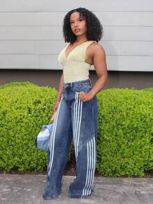 Steph T 女式撞色条纹喇叭牛仔裤 - 藍色 - 查看 5