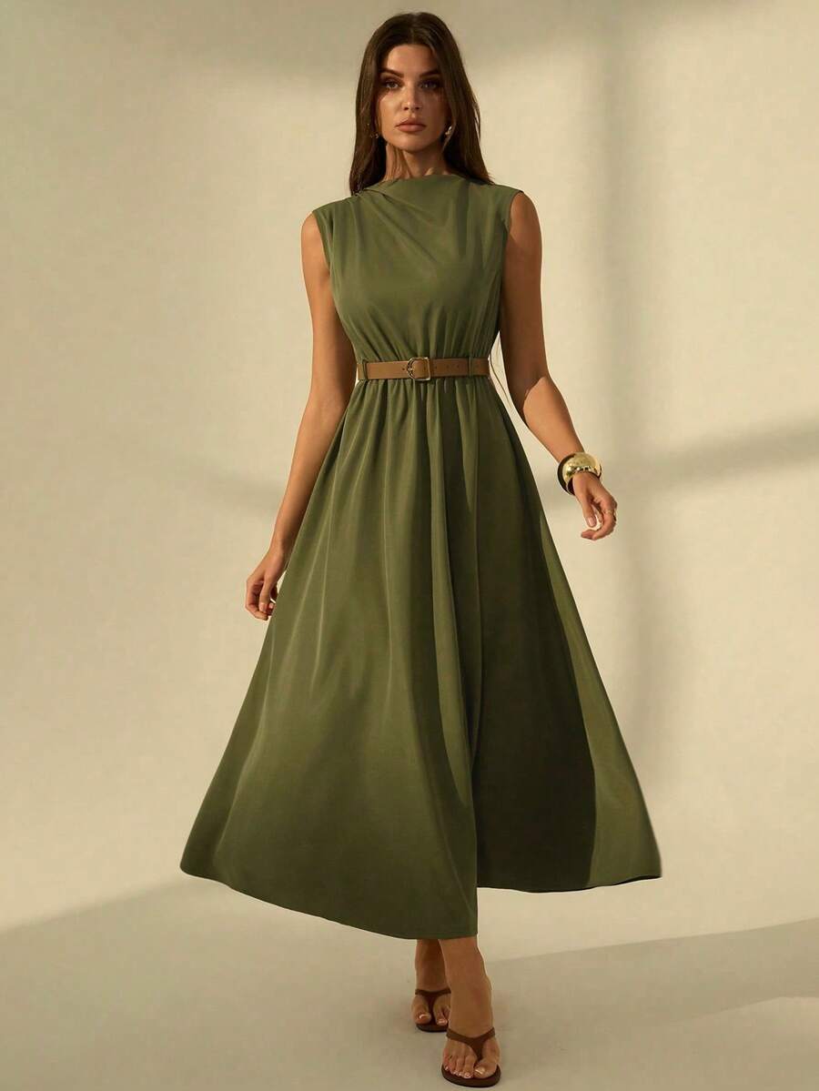 SHEIN Tall Đầm không tay màu trơn dành cho nữ (có thắt lưng), thích hợp cho mùa tựu trường. - xanh quân đội - Xem 1