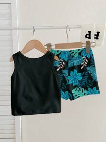 SHEIN Conjunto casual macio e confortável para bebê menino, ideal para primavera e verão, com estampa clássica de prancha de surfe e palmeiras, estampa de folhas tropicais, perfeito para férias e para a praia. - Multicolorido - Ver 3