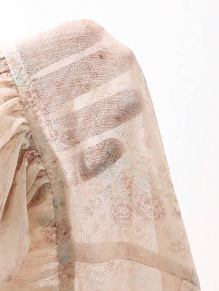Floral Contrast Lace Deep V Neck Long Sleeve Tie Ruffle Hem Casual Vacation Summer Blouse For Women