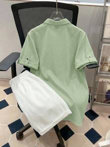 SHEIN Conjunto de camisa de manga corta y pantalones cortos con textura de rayas onduladas casual y cómodo para adolescentes, primavera/verano - verde menta - Ver 2