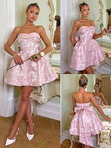 Vintage Palace Style Women's Pink Jacquard Irregular Off-Shoulder A-Line Mini Dress With Waist Tie And Bow Decor, Suitable For Party, Birthday, Banquet, Garden Party, Wedding, Bridal Shower, Afternoon Tea, Cocktail Party, Pink Party Pink Short Dress Strapless Dress Pink Jacquard Pink Dress Pink Cocktail Dress Pink Mini Dress Pink Floral Dress Pink Party Dress Pink Bow Dress Pink Tea Party Dress Pink Brocade Dress Strapless Pink Dress Floral Pink Dress Floral Jacquard Dress Pink Jacquard Dress - Pink - View 1