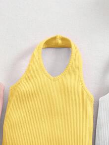 SHEIN 3pcs/Set Cute Solid Color Knit Camisole Romper For Baby Girls, Summer - Multicolor - View 5