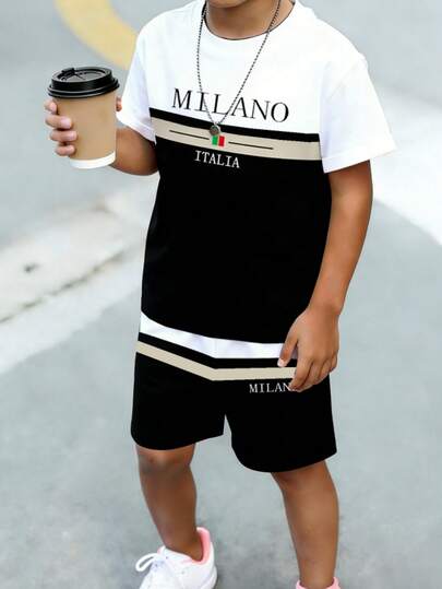 Tween Boys 2-Piece Outfit Set, New Fashion SS26 Casual Comfortable Stylish Colorblock "MILANO ITALIA" Letter Graphic Tee And Shorts Set, Suitable For Outings, Casual, Vacation In Spring/Summer