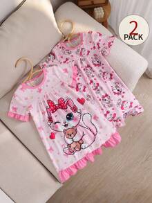 2-Piece Girls Toddler Round Neck Short Sleeve Nightgowns,Cute Rabbit And Bear Print Soft Knit Sleepwear,Fairy,Family Matching,Holiday,Pink Ruffle Hem - Baby Pink - View 7