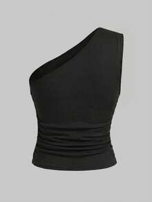 SHEIN Girlism Camiseta sin mangas casual con cuello de halter y drapeado de unicolor para adolescentes - Negro - Ver 2