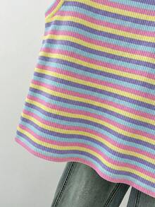 SHEIN Teen Girls Striped Round Neck Short Sleeve Casual T-Shirt, Minimalist Leisure Wear For Home Mothers Day Outfit Graduation Summer Tops Suitable For Spring & Summer Daily, Outing, Vacation, Holiday Wear, Stylish Girls, Casual Wear, New Style, Homecoming, Chill Vibe Outfits, Back To School, Girly Style T Shirt - Multicolor - View 6