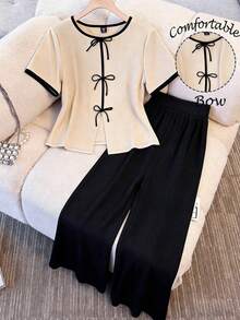 GlowEve CURVE Damen Frühling/Sommer Große Größen Farbblock Strick Rundhals Locker Gerade Lässig Top mit passender Weite Bein Hose, bequemer vielseitiger Outfit für Alltag, Party, Zuhause und Arbeit - Verschiedenfarbig - Übersicht 1