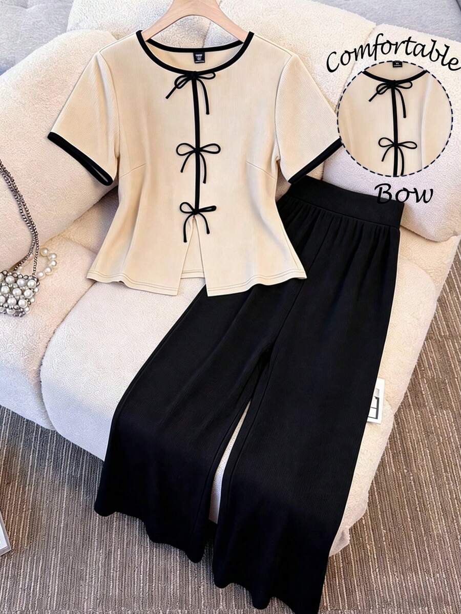GlowEve CURVE Damen Frühling/Sommer Große Größen Farbblock Strick Rundhals Locker Gerade Lässig Top mit passender Weite Bein Hose, bequemer vielseitiger Outfit für Alltag, Party, Zuhause und Arbeit - Verschiedenfarbig - Übersicht 1