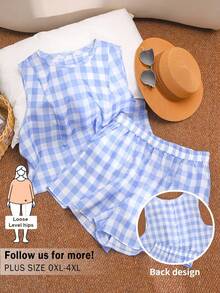 CosyJoli Plus Size Women's Summer Light Blue Plaid Shorts 2 Pieces Set Round Neck Sleeveless Button Decor Gingham Outfit Everyday Smart Casual Boho Vacation - Blue - View 5