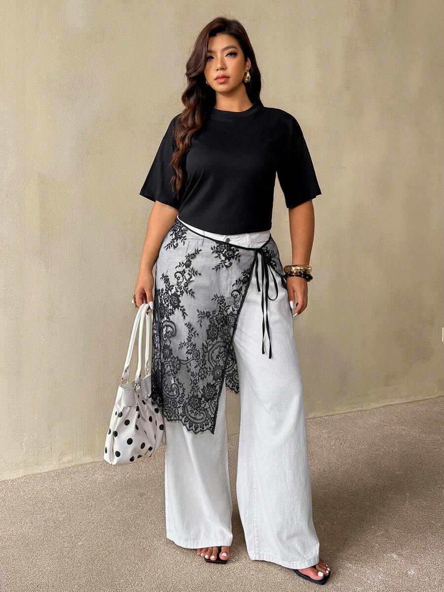 Auralis Damen Große Größen Spitze bestickte sexy Schleife-Verschluss durchsichtige Überlagerung Weite Bein Hose für Damen, weiße Weite Bein Hose, Spitze Überlagerung Hose, Hose mit Spitzenrock, Modehose für Damen - Aprikosenfarben - Übersicht 1