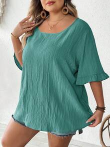SHEIN CURVE+ Women Plus Size Khaki Blouse, Ruffled Short Sleeve Loose Hem Casual Holiday Dressbeach Outfits For Woman/Beach Dress/Beach Vacation Outfits/Beach Essentials / Graduation/Tea Party Dresssummer/Country/Beach Vacation Outfits/Beach Outfits/Beach Wear - Mint Green - View 4