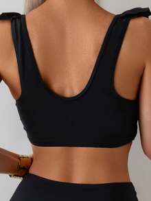 Swim Basics Bộ đồ bơi 2 mảnh áo crop top xếp ly dây nhún màu trơn thanh lịch dành cho nữ và quần tam giác nhún cạp cao, mùa hè - màu đen - Xem 3