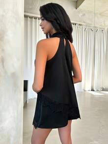 SHEIN PariChic 黑色蕾丝拼接不对称下摆无袖上衣和蕾丝拼接短裤两件套女装 - 黑色 - 查看 2