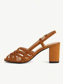 CUCCOO CHICEST Women's Round Toe Thick Heel Silver Buckle Hollow Woven Elegant High Heel Sandals For Christmas Summer Shoes - Khaki - View 4