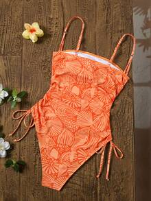 Swim Vcay 女士度假沙滩派对印花面料吊带连体泳衣 - 橘色 - 查看 2